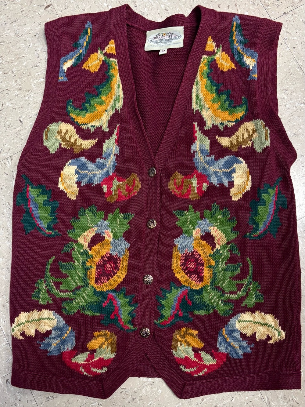 Vintage Susan Bristol Burgundy Floral Intarsia Knit Vest